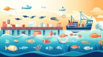 Fishing boat at dock, fish being unloaded, ocean life.