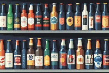Two shelves filled with various beer bottles.
