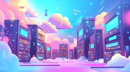 Futuristic server city in vibrant pastel cloudscape.