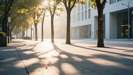 A city street unfolds in twilight light, with tree shadows and buildings reflecting each other, presenting a warm and quiet urban aesthetic atmosphere.