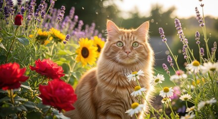 Enchanting ginger cat amidst vibrant floral splendor basking in the golden hour glow