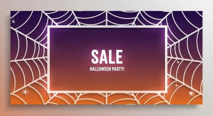 Enchanting halloween party sale banner with spectral spiderwebs and gradient twilight glow