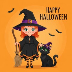Enchanting halloween celebration with a cute witch and her feline friend in festive atmosphere