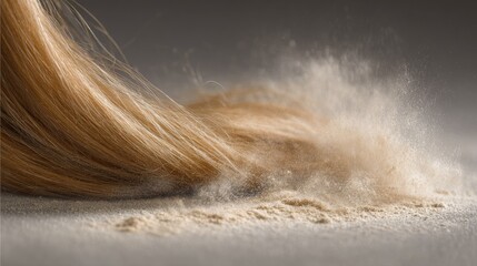 Blonde hair strand with light brown powder.