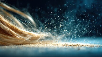 Golden hair strands cascading over a bed of fine dust.