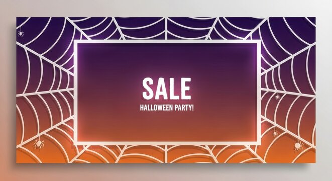 Enchanting halloween party sale banner with spectral spiderwebs and gradient twilight glow