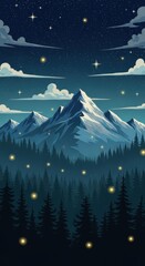 Enchanting mountain vista under a starlit night sky captivating winter wonderland depiction serene