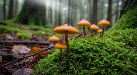 Enchanting mushrooms in a forest landscape with vibrant green moss and soft light