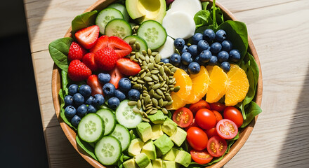 A vibrant and healthy fresh salad bowl bursting with colorful fruits, vegetables, and seeds, perfect for a nutritious meal