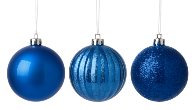 Three shiny blue oval christmas ornaments hang against a stark black background in a studio setting