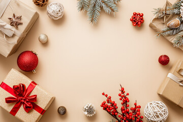 Obraz premium Merry Christmas and Happy Holidays greeting card, frame, banner. New Year. Christmas ornaments and gifts, presents on light beige background top view. Winter xmas holiday festive theme