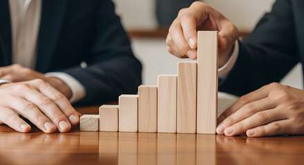 Business growth concept Hands build a rising bar chart using wooden blocks on a desk, symbolizing progress and success in a professional setting