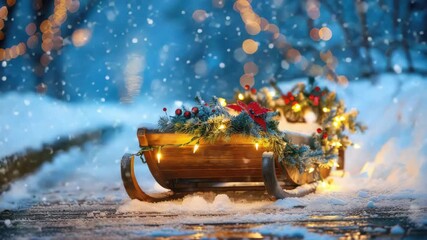 Decorative sled adorned with festive lights and pine, on snowy path Snowflakes in air, creating winter wonderland atmosphere - Powered by Adobe