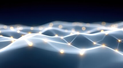 An abstract digital visualization of interconnected nodes and glowing orbs forming a network structure, with soft light trails creating a sense of depth and mov