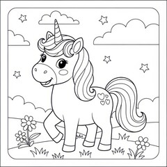 Enchanting unicorn illustration for coloring books and children's activity sheets ideal for