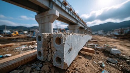 Close-up view of a broken concrete block set against a backdrop of construction machinery, highlighting themes of industry, development, and the raw materials that shape our urban environment.