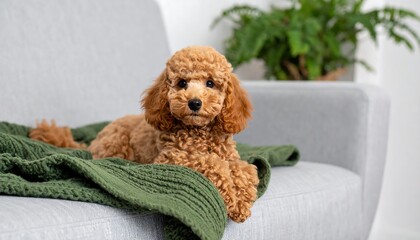 Small, fluffy, apricot-colored poodle puppy on gray couch with green knit blanket, fern plant in background