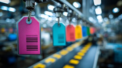 Vivid, colorful tags with barcodes hang from a conveyor system in a factory setting, hinting at product tracking