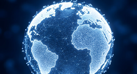 Digital planet Earth glowing with interconnected lines representing global network and data transfer, a concept of technology and communication worldwide