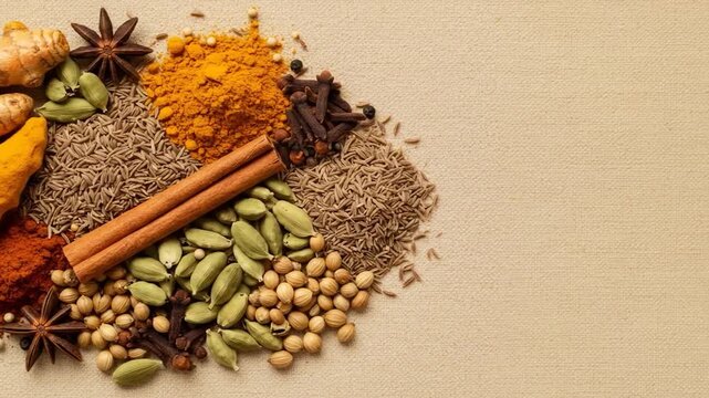 A colorful assortment of dried spices, including turmeric, star anise, cinnamon, cardamom, cloves, and cumin seeds, arranged on a textured surface