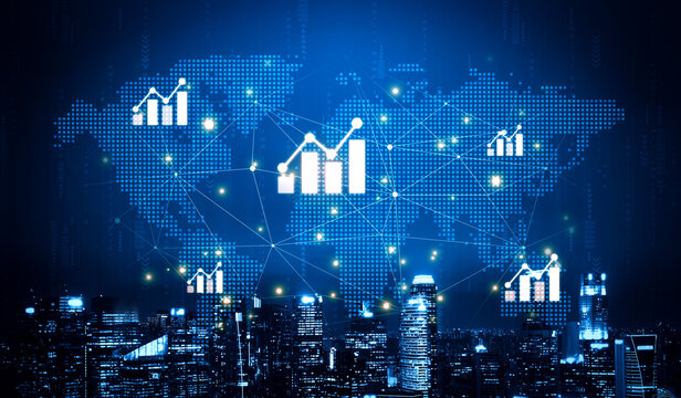 Visualization of global economic growth and stock market data. Financial chart analysis shows international business performance and investment opportunities in the world market. Fermion - Powered by Adobe