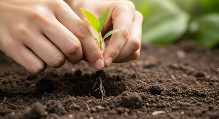 Gardener's hands gently planting a small seedling with roots into fertile soil, symbolizing growth and new beginnings in agriculture