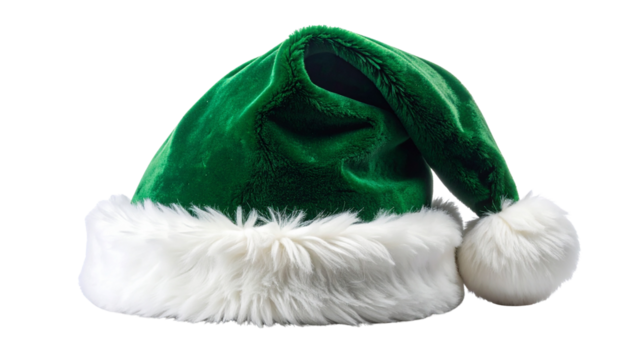 luxurious forest green velvet Santa hat with pristine thick white faux fur trim and fluffy pom-pom, isolated studio shot with ample copy space. concept for high-end holiday advertising isolated4