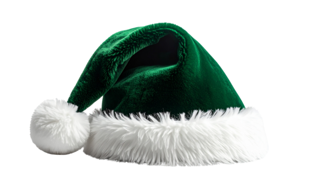 luxurious forest green velvet Santa hat with pristine thick white faux fur trim and fluffy pom-pom, isolated studio shot with ample copy space. concept for high-end holiday advertising isolated