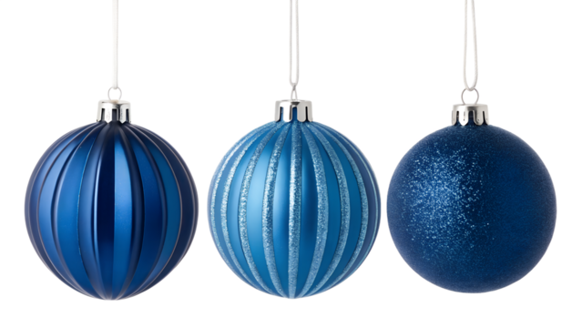 Three festive blue oval christmas ornaments with ribbed and glitter textures hanging against a dark background