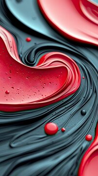 An abstract close-up of swirling red and black liquids with small droplets, creating a dynamic and textured pattern with high contrast.