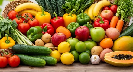 Abundant harvest of nutritious fruits and vegetables showcased on wood, emphasizing freshness and variety