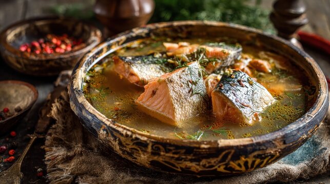 Traditional Russian ukha with salmon and dill in a wooden bowl
