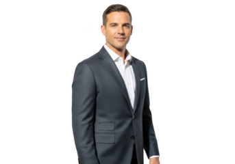 A professional man in a gray suit with a white shirt, business suit, businessman, cocktail dress, dress, man, pocket, pose, stand, suit, tie, wear