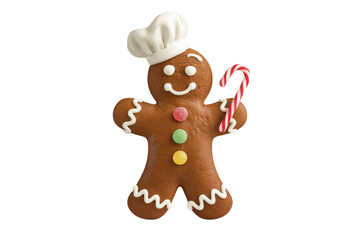Christmas Gingerbread Man with Icing and Candy Cane. Transparent background. Ideal for advertising layouts, banners, designs.