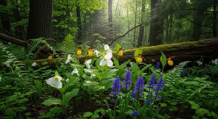 Enchanting woodland panorama showcasing vibrant wildflowers and dappled light