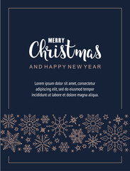 Merry Christmas modern card with snowflakes greeting on blue background. Vector template