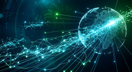 Futuristic digital world map with glowing lines connecting continents, representing global network and data transfer in a modern technological concept