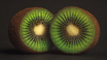 Sliced kiwi revealing stark contrast between fuzzy brown exterior and vibrant emerald green interior with starburst seed pattern