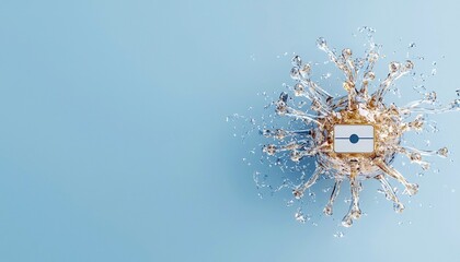 A stylized representation of a virus particle, resembling a coronavirus, with liquid water splashes emanating from it. A microchip is embedded in the center of