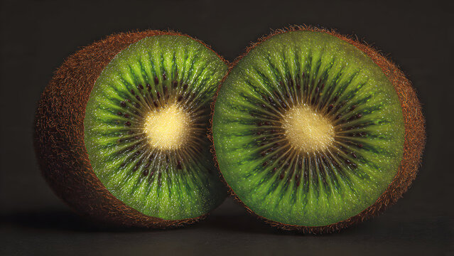 Sliced kiwi revealing stark contrast between fuzzy brown exterior and vibrant emerald green interior with starburst seed pattern