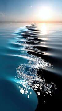 A surreal, abstract depiction of a water wave with reflections against a sunset sky and dark background.