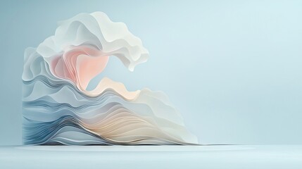 An abstract sculpture resembling a stylized wave, crafted from layered translucent materials in soft pastel shades of blue, pink, and cream, set against a minim