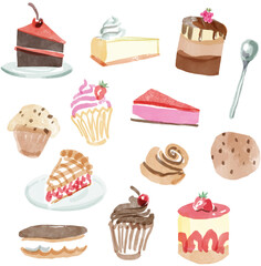 Watercolour style set of desserts, yummy food doodles. Hand drawn sweet treats. 