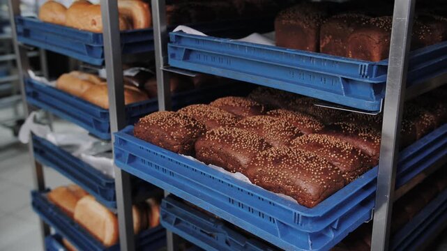 Fresh Seeded Rye Loaves Bread On Blue Trays. Bakery production