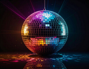 colorful shining disco ball with light sparkles on a black background
