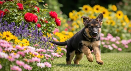 Energetic german shepherd puppy dashes through vibrant flower garden on a sunny day