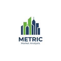 Fototapeta premium A modern market analysis logo featuring stylized skyscrapers in green and blue, symbolizing growth, data insight, and professional business evaluation services.