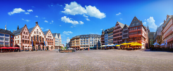 Panoramic view of the old town R&ouml;mer in Frankfurt am Main, Germany, with traditional Fachwerk houses during a sunny summer day