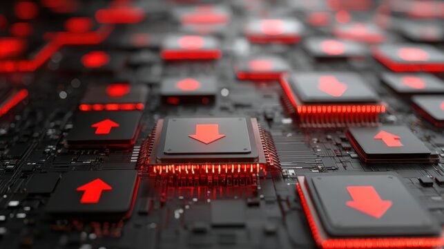 Digital Circuit Board With Red Directional Arrows Illuminated on Processor Chips During Technology Demonstration in a Modern Workspace