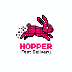 Fototapeta premium A vibrant pixel-style logo featuring a fast-running pink rabbit, symbolizing speed and efficiency for a modern delivery service brand.